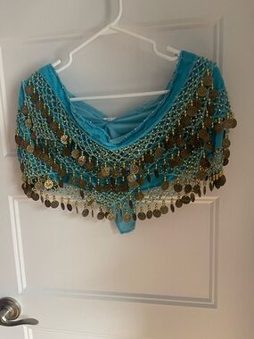 Turquoise Belly Dance Hip Scarf with Gold Coins